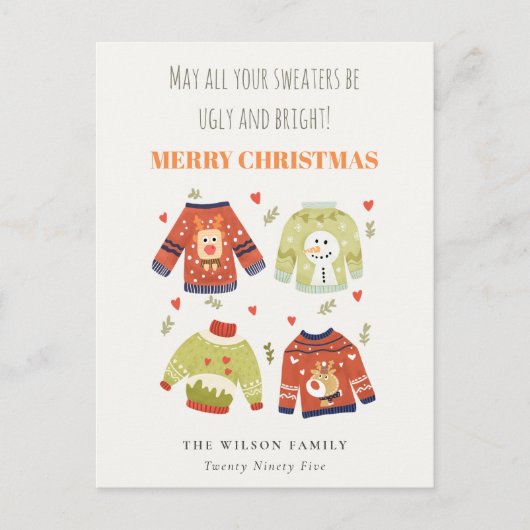 かわいいおもしろい冬のクリスマスハート醜いセーター シーズンポストカード (正面)