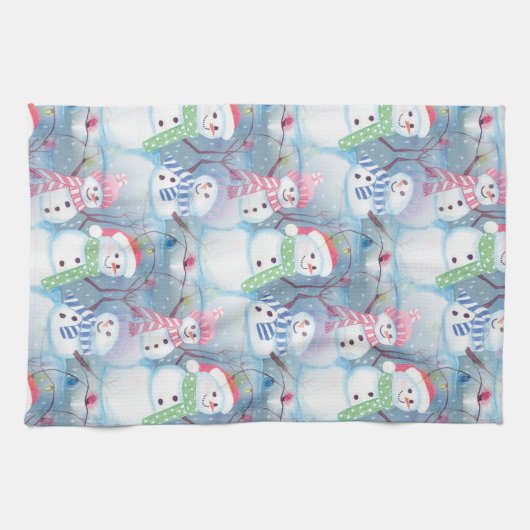かわいいおもしろい冬の季節雪だるま水彩アート キッチンタオル (横)