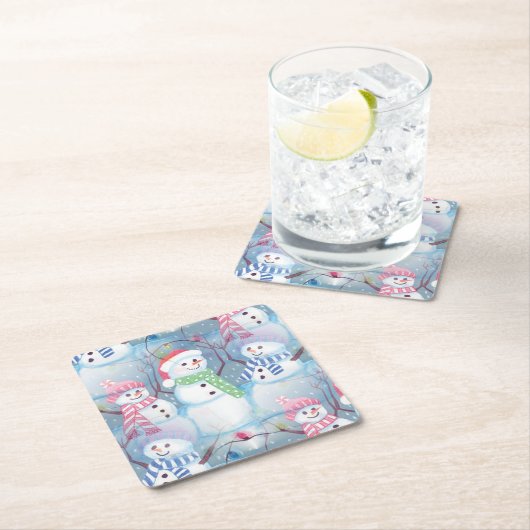 かわいいおもしろい冬の季節雪だるま水彩アート スクエアペーパーコースター (インサイチュ)