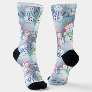 かわいいおもしろい冬の季節雪だるま水彩アート ソックス