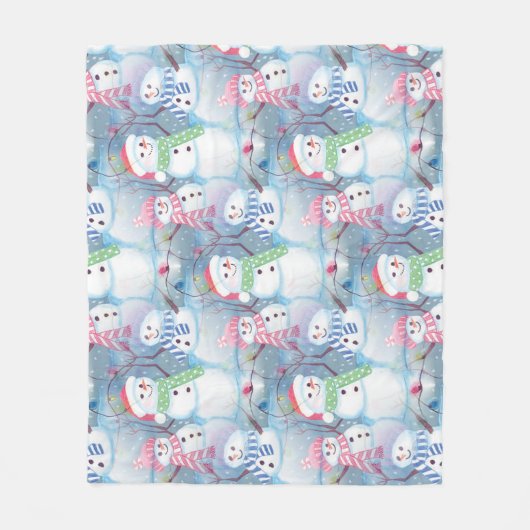 かわいいおもしろい冬の季節雪だるま水彩アート フリースブランケット (正面)