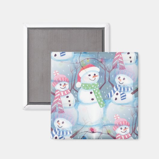かわいいおもしろい冬の季節雪だるま水彩アート マグネット (正面/裏面)