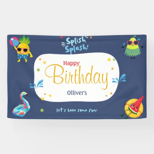 かわいいおもしろい夏のフルーツ誕生日パーティーの看板バナー 横断幕 (横)