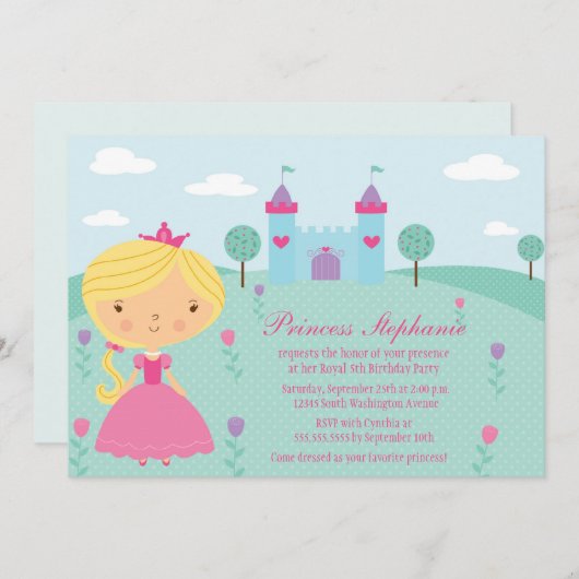 かわいいおもしろい姫の誕生日パーティーの招待 招待状 (正面/裏面)