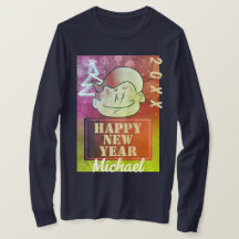 かわいいおもしろい小さな漫画の男の子の新年を喜ぶ