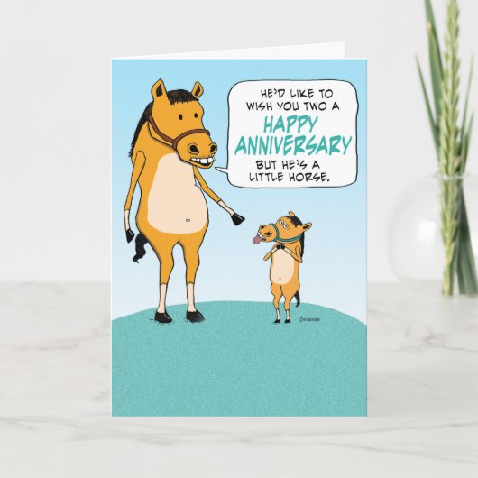 かわいいおもしろい小さな馬の幸せな記念日 カード (正面)