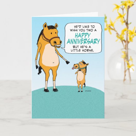 かわいいおもしろい小さな馬の幸せな記念日 カード (黄色い花)