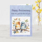 かわいいおもしろい小鳥が記念日おめでとう カード (黄色い花)