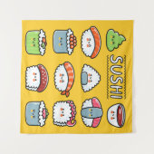 かわいいおもしろい幸せ寿司転が巻き漫画 タペストリー (正面(横))