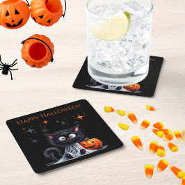 かわいいおもしろい幽霊キットンハロウィーントリックまたはトリート スクエアペーパーコースター