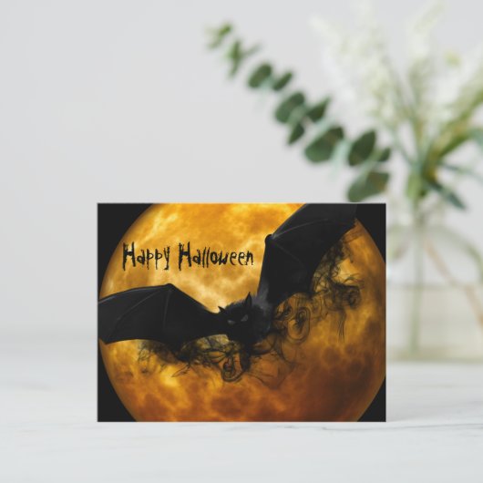 かわいいおもしろい怖いハッピーハローウィンこうもりと満月 シーズンポストカード (スタンド正面)