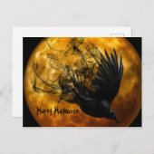 かわいいおもしろい怖いハッピーハローウィンカラスと満月 シーズンポストカード (正面/裏面)