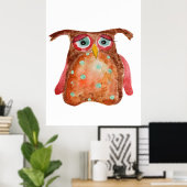 かわいいおもしろい悲しい水色フクロウ赤茶色の点 ポスター (ホームオフィス)