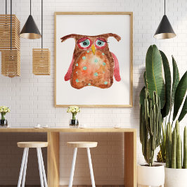 かわいいおもしろい悲しい水色フクロウ赤茶色の点 ポスター