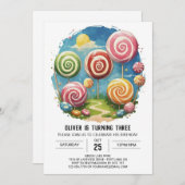 かわいいおもしろい棒つきキャンデー誕生日 招待状 (正面/裏面)