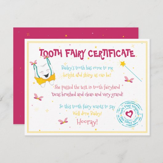 かわいいおもしろい歯の妖精の証明書ピンク色ポップ・アートの ノートカード (正面/裏面)