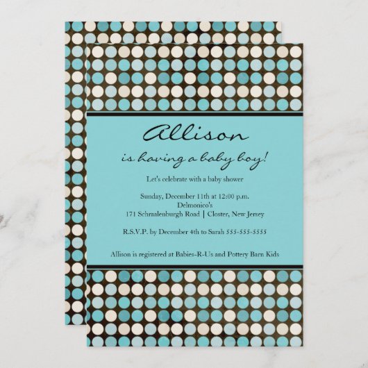 かわいいおもしろい水玉模様ブルー&ブラウンボーイシャワー 招待状 (正面/裏面)