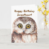 かわいいおもしろい水色フクロウの甘い誕生日 カード (黄色い花)
