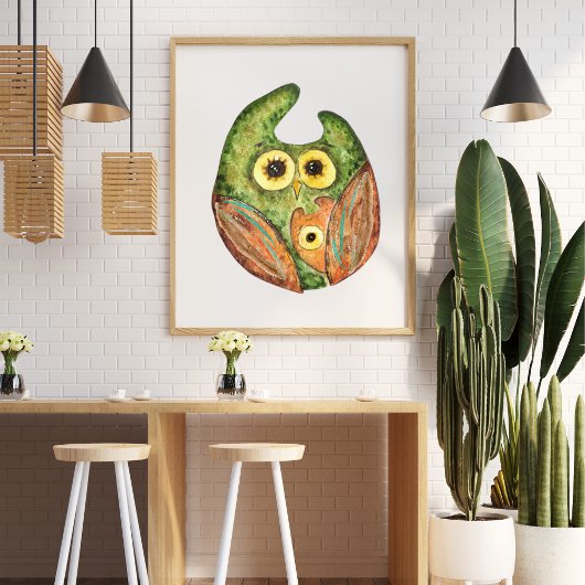 かわいいおもしろい水色フクロウ緑オレンジ ポスター
