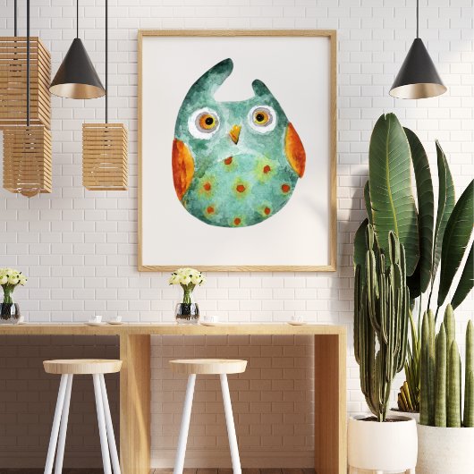 かわいいおもしろい水色フクロウ緑オレンジ ポスター