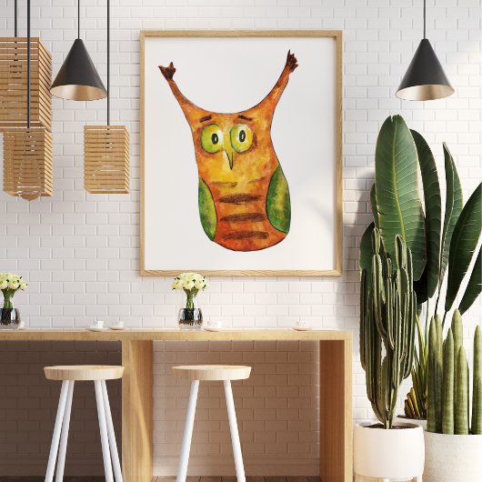 かわいいおもしろい水色フクロウ緑オレンジ ポスター