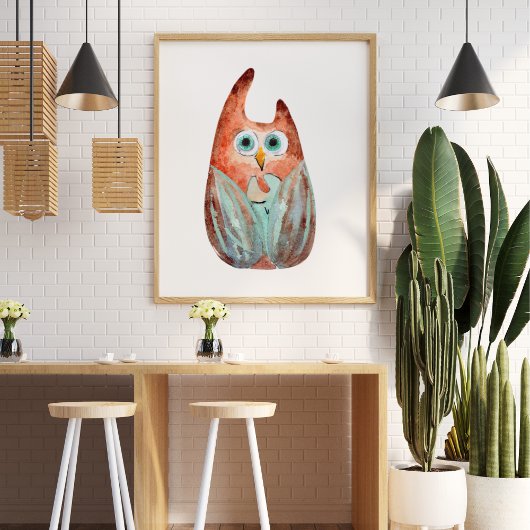 かわいいおもしろい水色フクロウ緑オレンジ ポスター