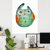 かわいいおもしろい水色フクロウ緑オレンジ ポスター (ホームオフィス)