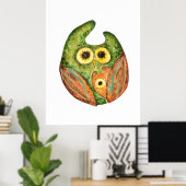 かわいいおもしろい水色フクロウ緑オレンジ ポスター (ホームオフィス)