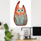 かわいいおもしろい水色フクロウ緑オレンジ ポスター (ホームオフィス)