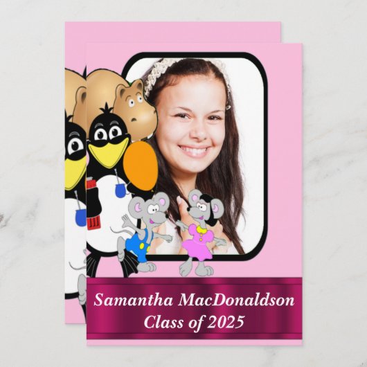 かわいいおもしろい漫画の写真卒業 招待状 (正面/裏面)