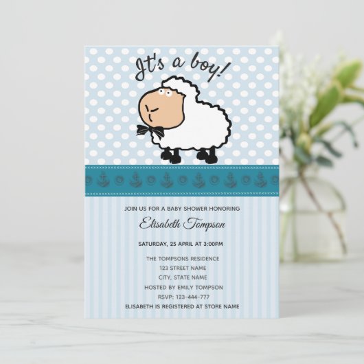 かわいいおもしろい漫画の羊の少年の赤ちゃんシャワー 招待状 (スタンド正面)