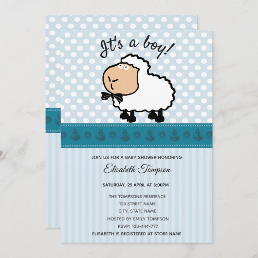 かわいいおもしろい漫画の羊の少年の赤ちゃんシャワー 招待状 (正面/裏面)