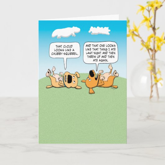 かわいいおもしろい犬が雲を描く誕生日 カード (黄色い花)