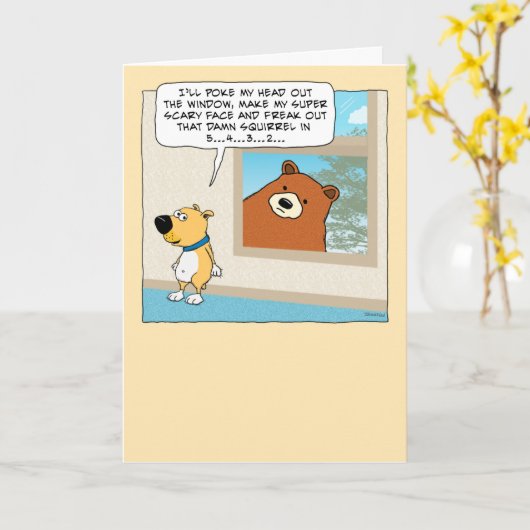 かわいいおもしろい犬とベアサプライズ誕生日 カード (黄色い花)