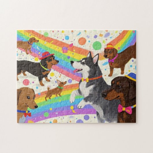 かわいいおもしろい犬と虹 ジグソーパズル (横)