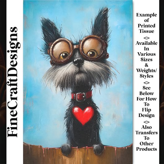 かわいいおもしろい犬&赤いハート&ゴーグルBW9デクページ 薄葉紙