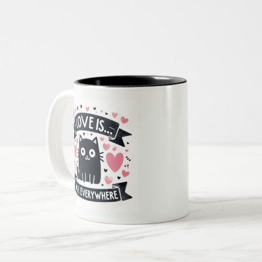 かわいいおもしろい猫の毛はどこでも愛している ツートーンマグカップ (正面左)