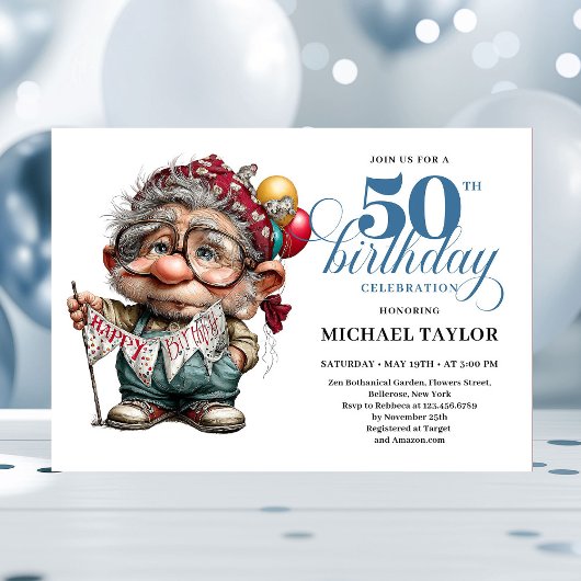 かわいいおもしろい男性の50歳の誕生日 カートゥーン ユーモア スタイル 招待状