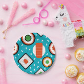 かわいいおもしろい継ぎ目が無いピクセル寿司の漫画パターン ペーパープレート (パーティー)