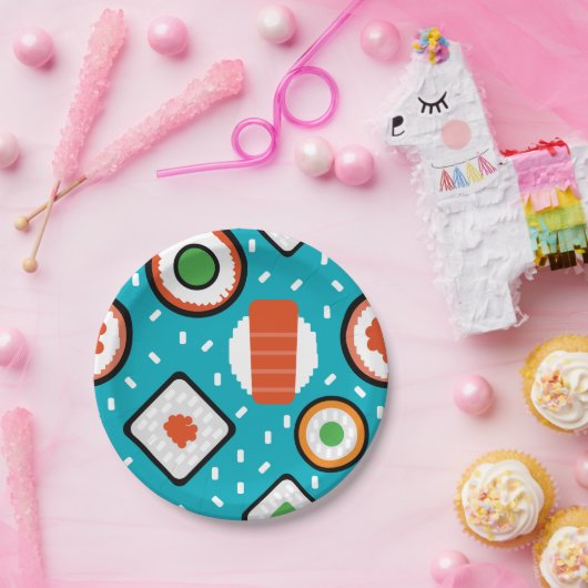 かわいいおもしろい継ぎ目が無いピクセル寿司の漫画パターン ペーパープレート (パーティー)