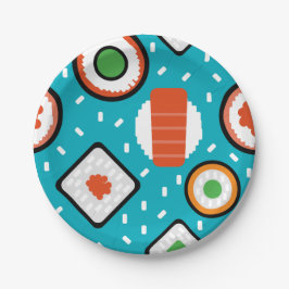 かわいいおもしろい継ぎ目が無いピクセル寿司の漫画パターン ペーパープレート