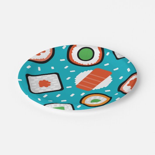 かわいいおもしろい継ぎ目が無いピクセル寿司の漫画パターン ペーパープレート (アングル)