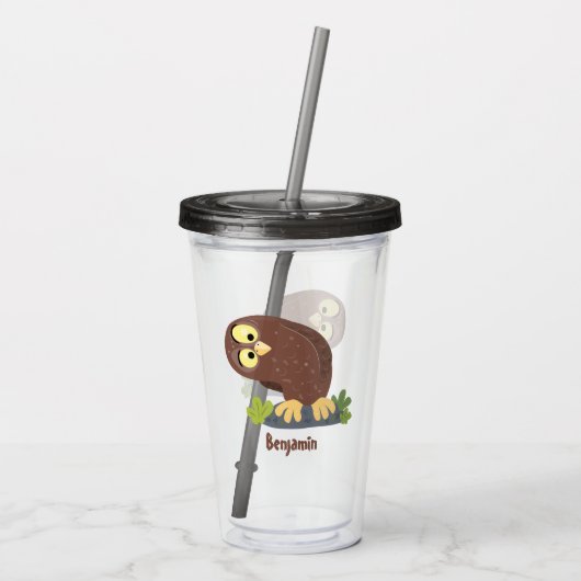 かわいいおもしろい茶色のフクロウ漫画イラストレーション アクリルタンブラー (裏面)