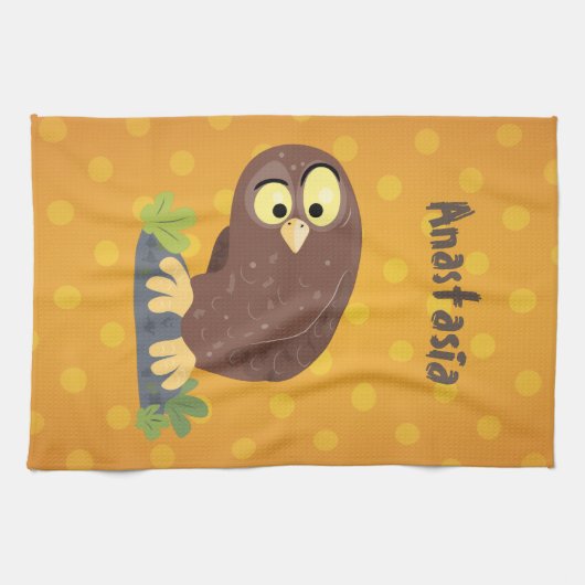 かわいいおもしろい茶色のフクロウ漫画イラストレーション キッチンタオル (横)