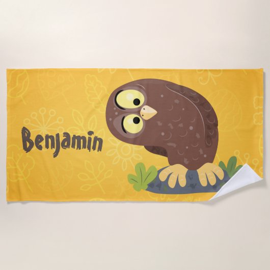 かわいいおもしろい茶色のフクロウ漫画イラストレーション ビーチタオル (正面)