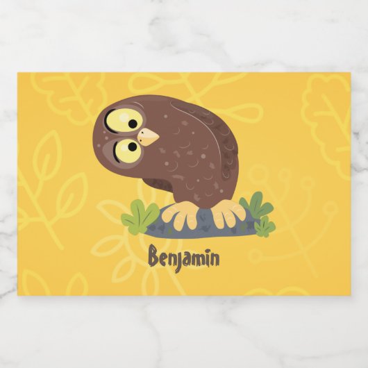 かわいいおもしろい茶色のフクロウ漫画イラストレーション フードラベル (シングルラベル)