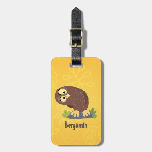 かわいいおもしろい茶色のフクロウ漫画イラストレーション ラゲッジタグ (正面縦)