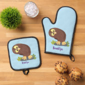 かわいいおもしろい茶色のフクロウ漫画イラストレーション 鍋つかみ&鍋敷きセット (トップダウン)