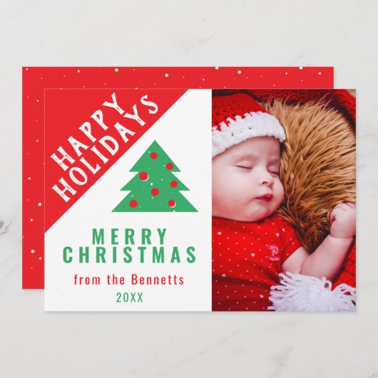 かわいいおもしろい赤い緑のクリスマスツリー家族の写真 シーズンカード (正面/裏面)