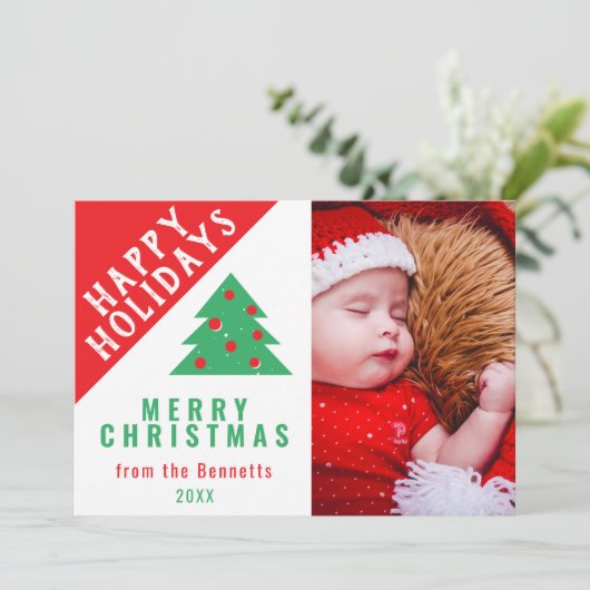 かわいいおもしろい赤い緑のクリスマスツリー家族の写真 シーズンカード (スタンド正面)